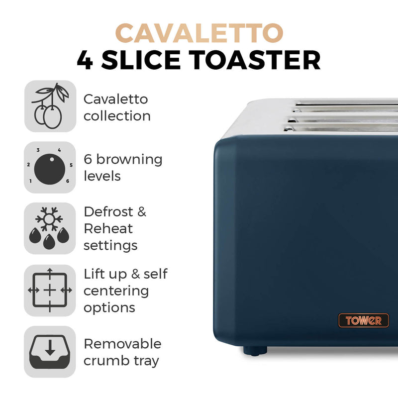 Tower Cavaletto 4 Slice Stainless Steel Toaster - Midnight Blue