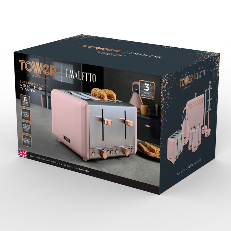 Tower Cavaletto 4 Slice Stainless Steel Pink Toaster