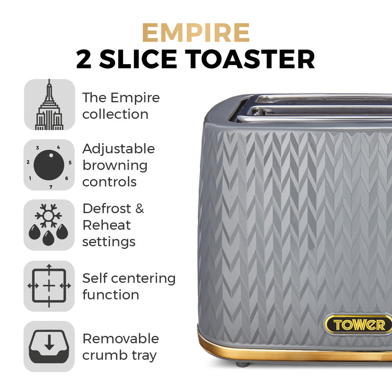 Tower Empire 2 Slice Toaster - Grey