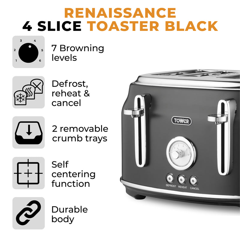 Tower Renaisance 4 Slice Toaster - Black