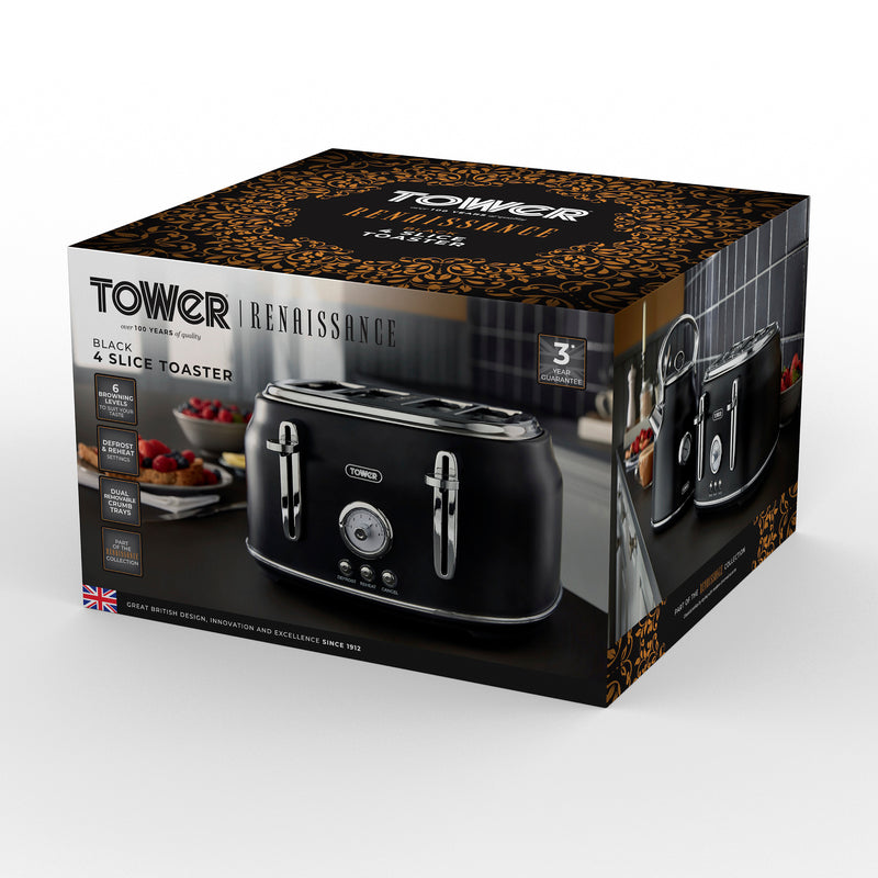 Tower Renaisance 4 Slice Toaster - Black