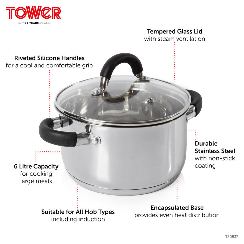 Tower Essentials 24cm Stainless Steel Casserole Pan - Silver