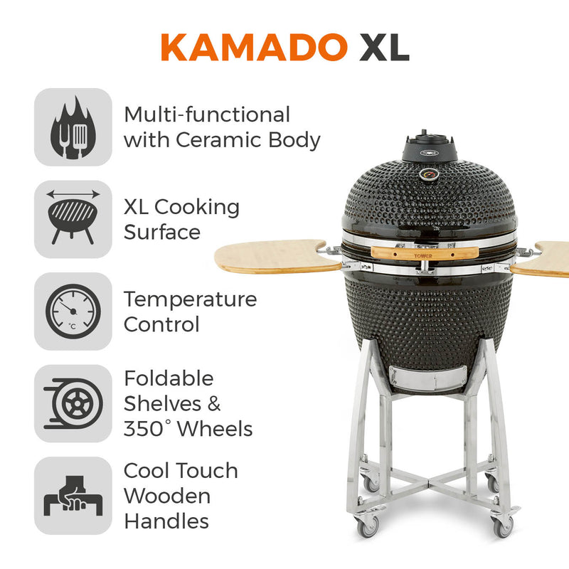 Tower Kamado XL Ceramic Charcoal BBQ with Collapsible Wooden Shelves - Black