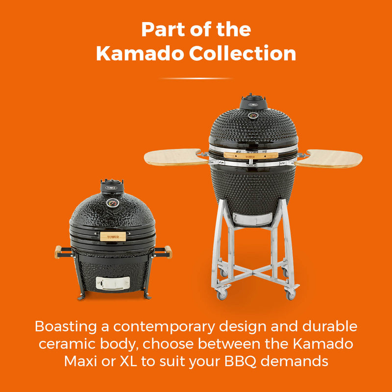 Tower Kamado XL Ceramic Charcoal BBQ with Collapsible Wooden Shelves - Black