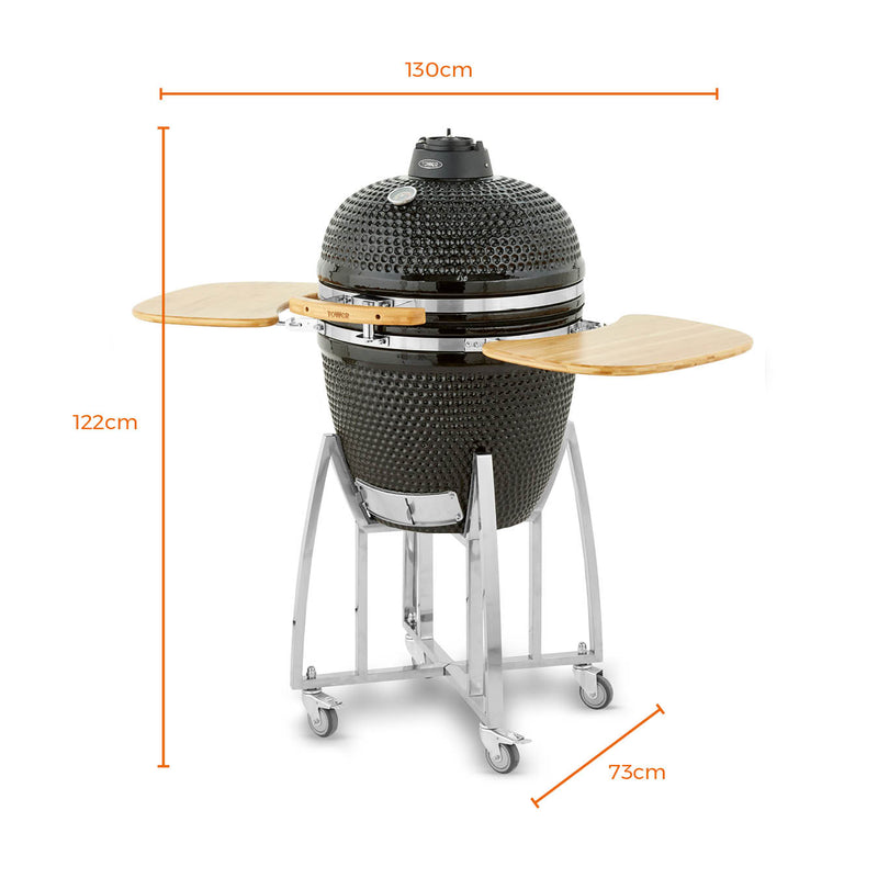 Tower Kamado XL Ceramic Charcoal BBQ with Collapsible Wooden Shelves - Black