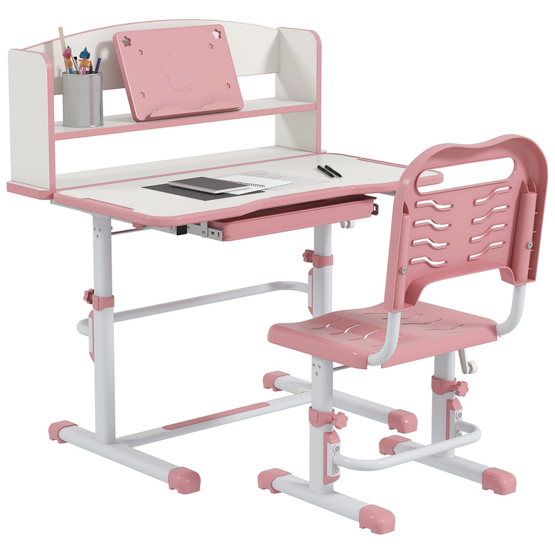 ZONEKIZ Pink Height Adjustable Kids Desk and Chair Set, with Drawer, Bookshelf