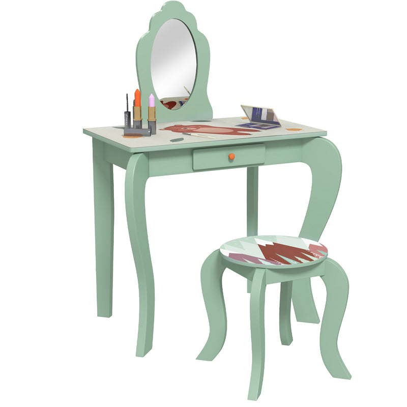 ZONEKIZ Kids Dressing Table w/ Mirror, Stool, Drawer, Cute Animal Design, Green