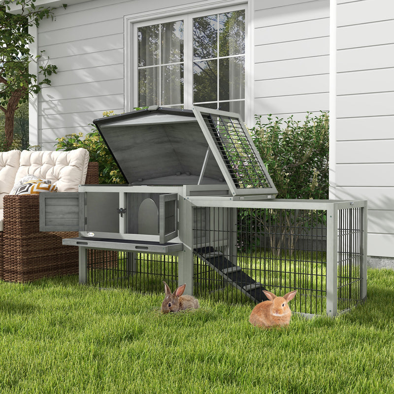 Pawhut Wooden Rabbit Hutch with Run, Asphalt Roof, Pull-Out Tray, Ramp, Grey