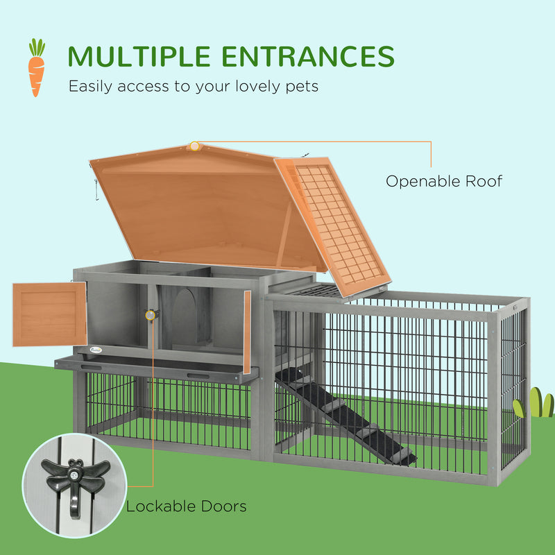 Pawhut Wooden Rabbit Hutch with Run, Asphalt Roof, Pull-Out Tray, Ramp, Grey