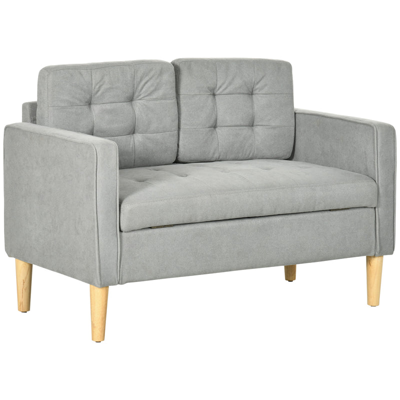 HOMCOM Modern 2 Seater Sofa with Hidden Storage, 117cm Tufted Cotton Couch, Compact Loveseat Sofa with Wood Legs, Light Grey