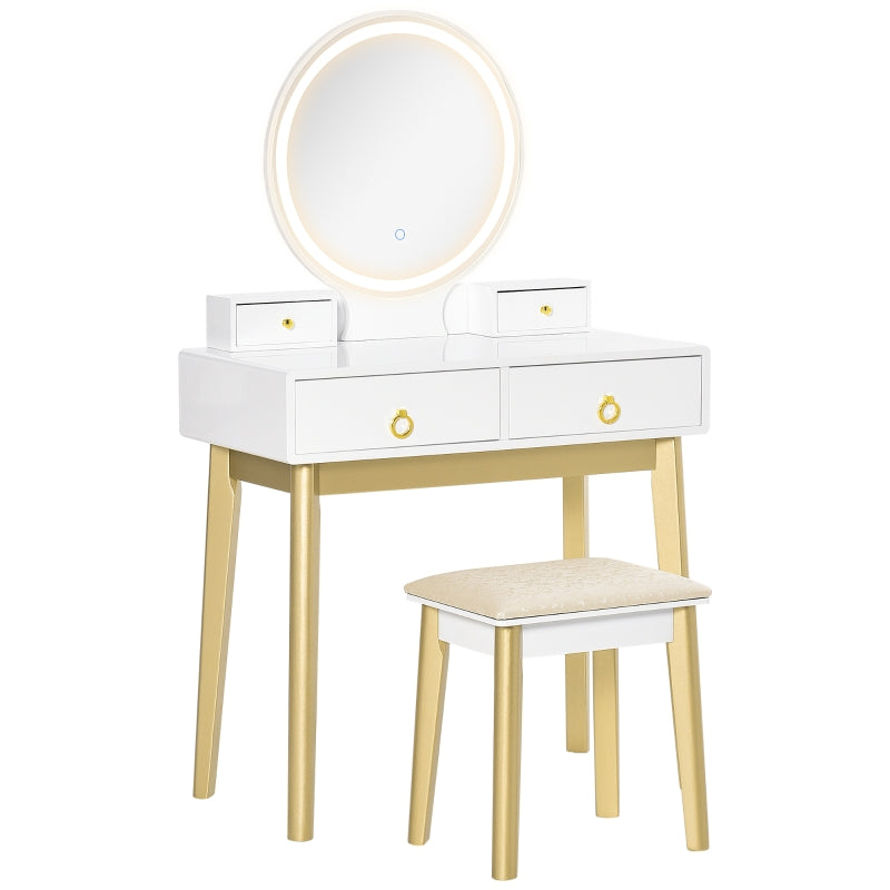 HOMCOM Dressing Table & Stool with Mirror and LED Lights - White