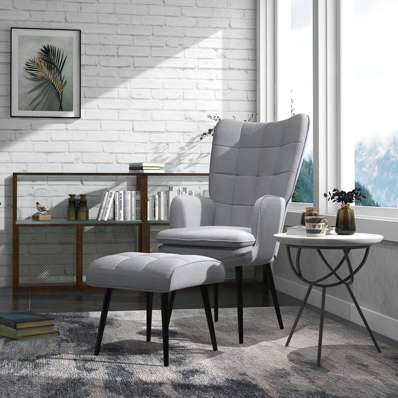 HOMCOM Living Room Chair with Footstool and Steel Legs, Light Grey