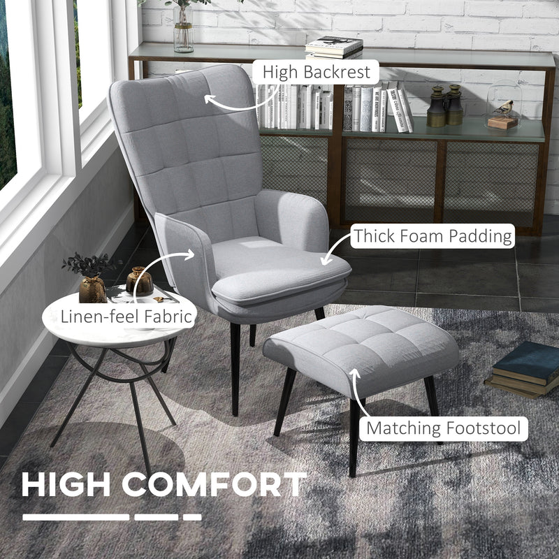 HOMCOM Living Room Chair with Footstool and Steel Legs, Light Grey