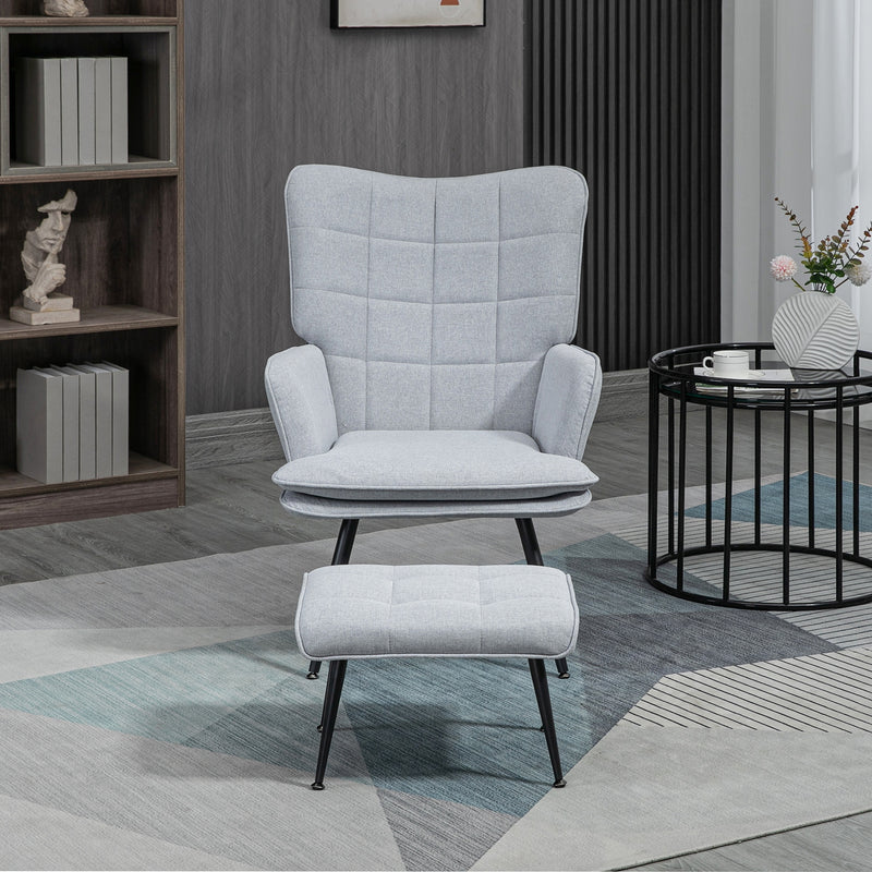 HOMCOM Living Room Chair with Footstool and Steel Legs, Light Grey