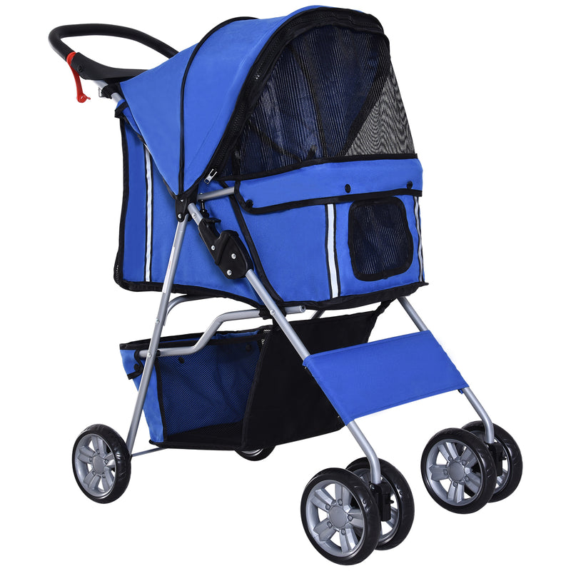 PawHut Dog Pram Pet Stroller Dog Pushchair Foldable Travel Carriage with Wheels Zipper Entry Cup Holder Storage Basket Blue