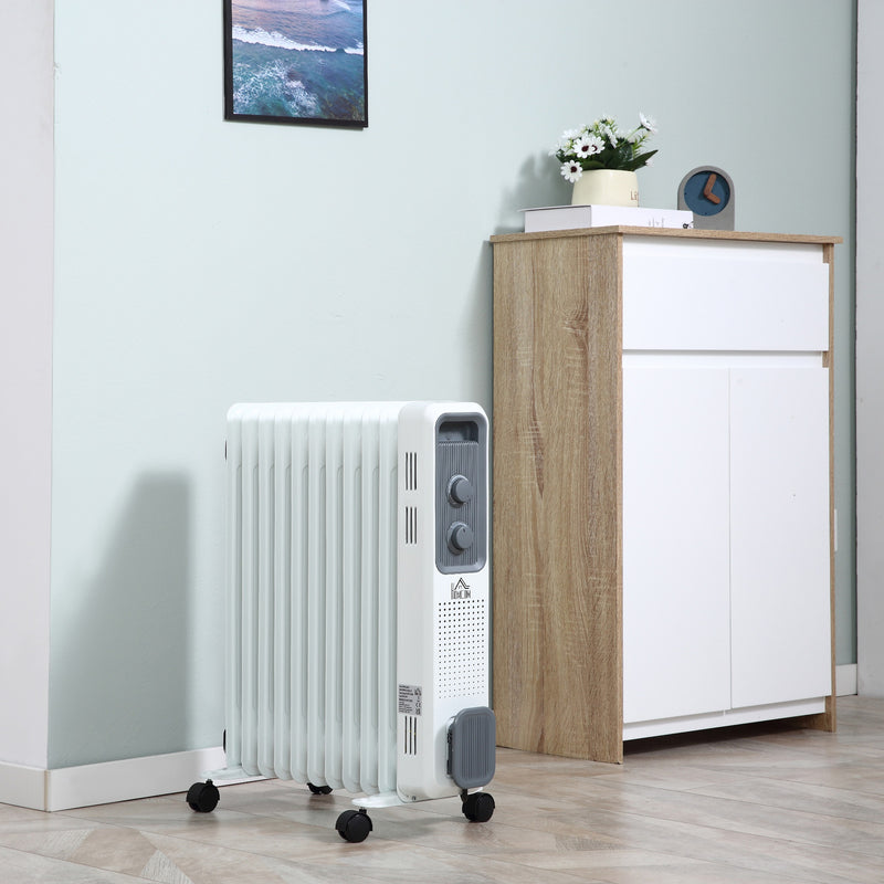 HOMCOM Oil Filled Radiator 11 Fin Portable Heater w/ Wheels and 3 Heat Settings, White