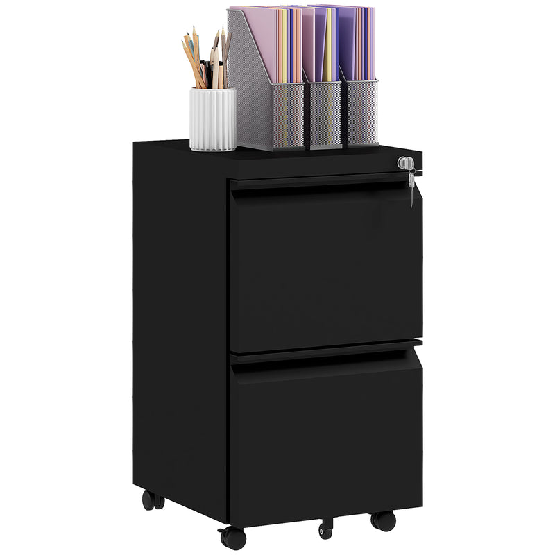 Vinsetto Black 2-Drawer Mobile Filing Cabinet on Wheels, Steel Lockable File Cabinet with Adjustable Hanging Bar for Letter, A4 and Legal Size