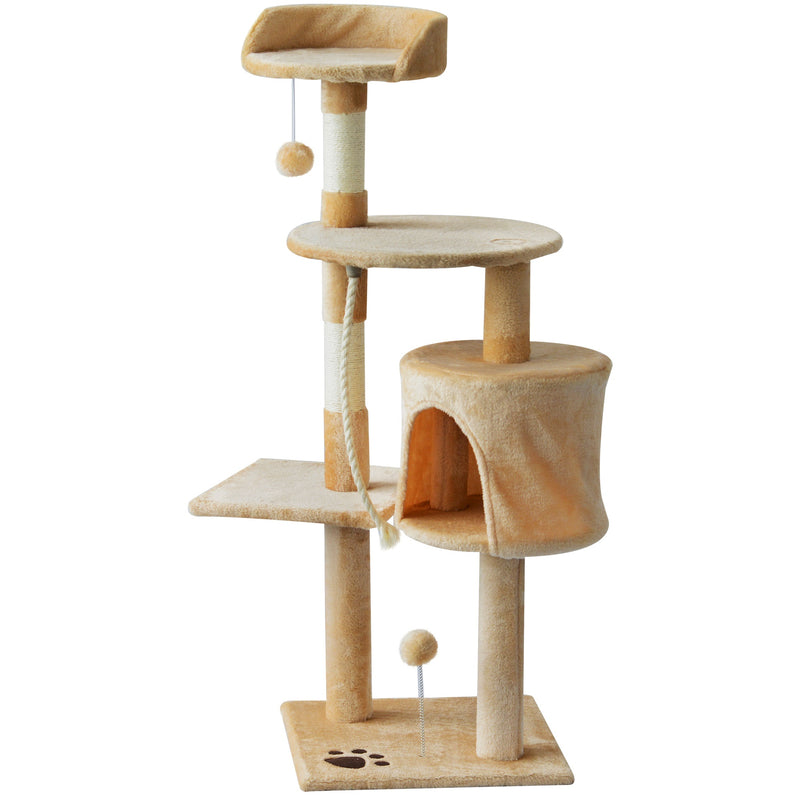 PawHut Cat Tree Activity Centre Scratching Post With Toys 4-tier Beige 114cm