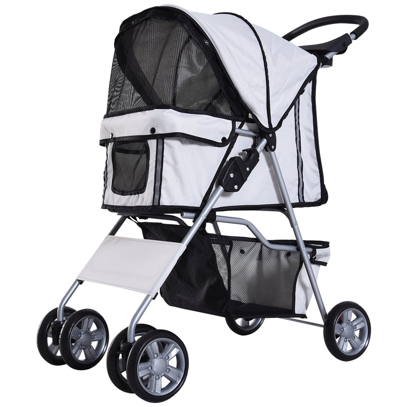 PawHut Dog Pram Pet Stroller Dog Pushchair Foldable Travel Carriage with Wheels Zipper Entry Cup Holder Storage Basket Grey