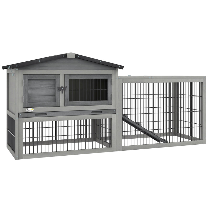 Pawhut Wooden Rabbit Hutch with Run, Asphalt Roof, Pull-Out Tray, Ramp, Grey