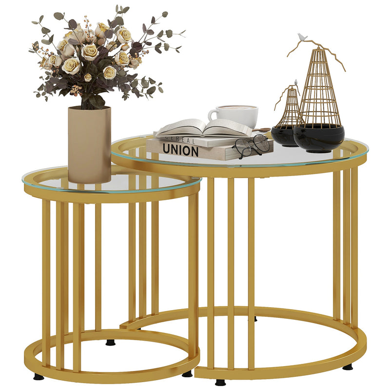 HOMCOM Nest of Tables, Round Coffee Tables Set of 2 with Tempered Glass Top and Steel Frame for Living Room, Gold Tone