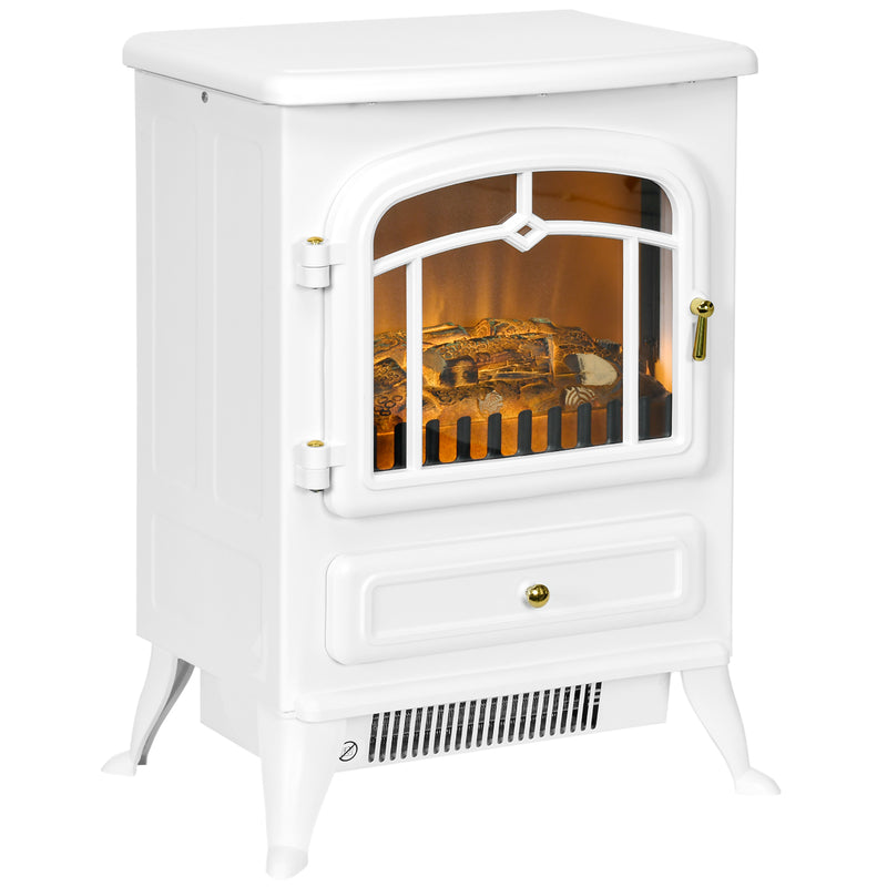 HOMCOM Freestanding Electric Fireplace Indoor Heater Glass View Log Wood Burning Effect Flame Portable Fireplace Stove 950/1850W White