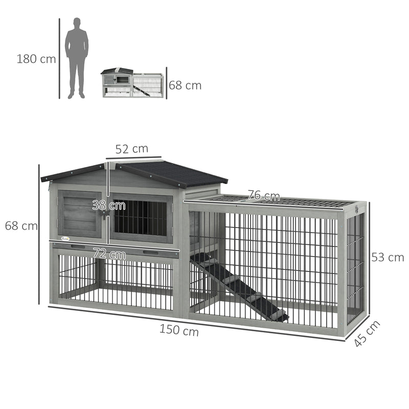 Pawhut Wooden Rabbit Hutch with Run, Asphalt Roof, Pull-Out Tray, Ramp, Grey