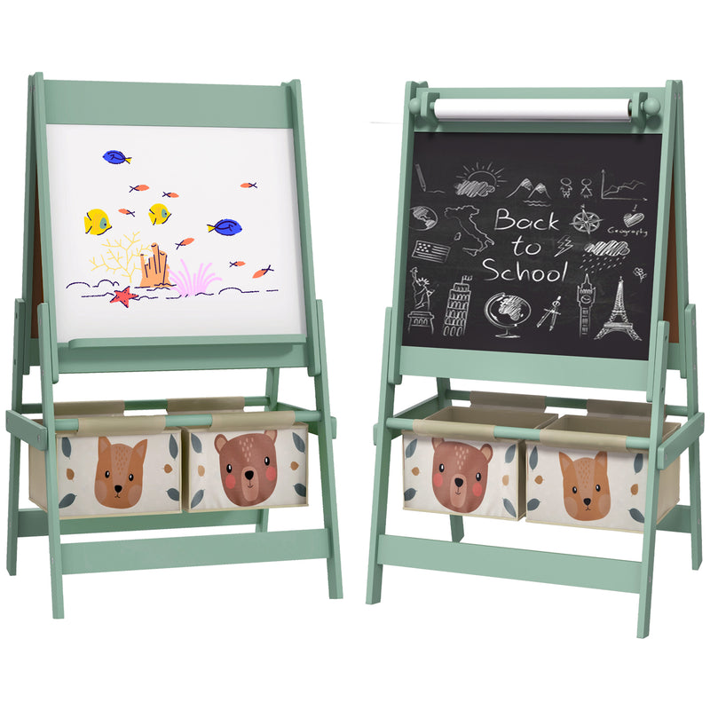 AIYAPLAY Kids Easel with Paper Roll, Blackboard, Whiteboard, Storage, Green