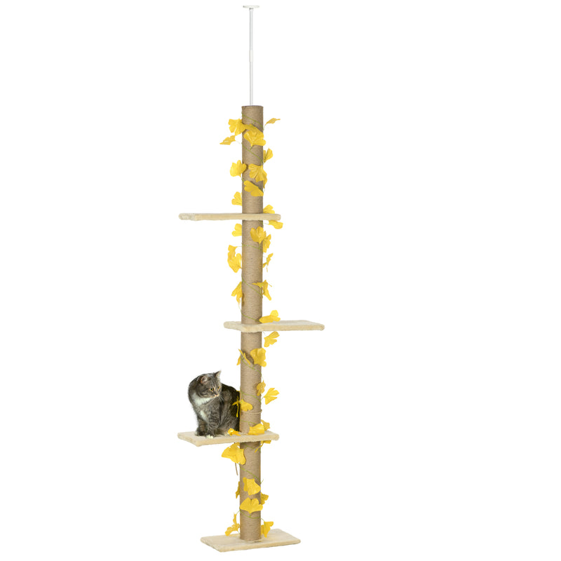 PawHut 242cm Adjustable Floor-To-Ceiling Cat Tower w/ Anti-Slip Kit - Yellow