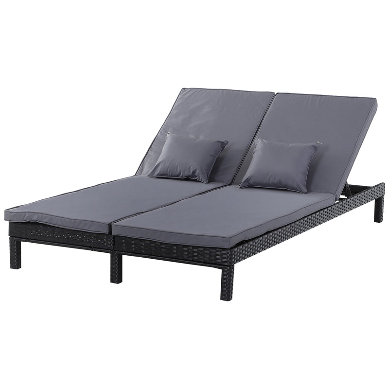 Outsunny 2 Person Rattan Lounger Adjustable Double Chaise Chair w/ Cushion Black