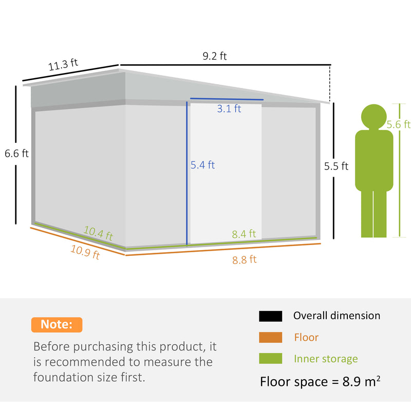 Outsunny 11.3x9.2ft Steel Garden Storage Shed w/ Sliding Doors & 2 Vents, Green