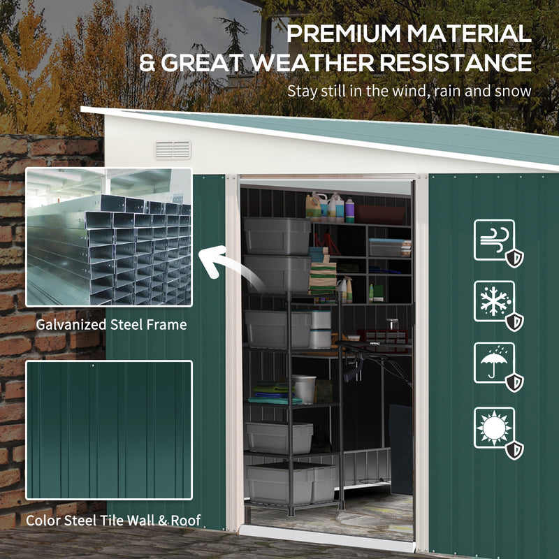 Outsunny 11.3x9.2ft Steel Garden Storage Shed w/ Sliding Doors & 2 Vents, Green