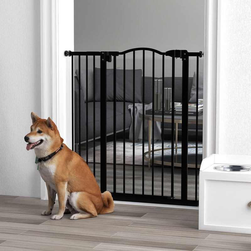 PawHut 74-94cm Adjustable Metal Pet Gate Safety Barrier w/ Auto-Close Door Black