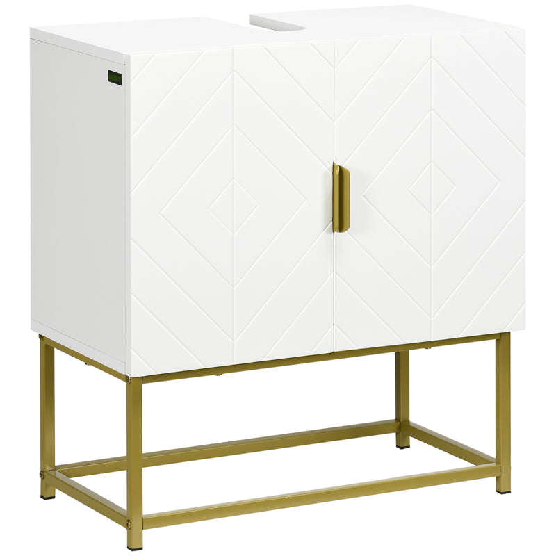 kleankin Modern Bathroom Sink Cabinet, Freestanding Under Sink Storage Cabinet, Space Saving Wooden Basin Cupboard with 2 Doors and Gold Steel Legs, 60 x 30 x 65 cm, White