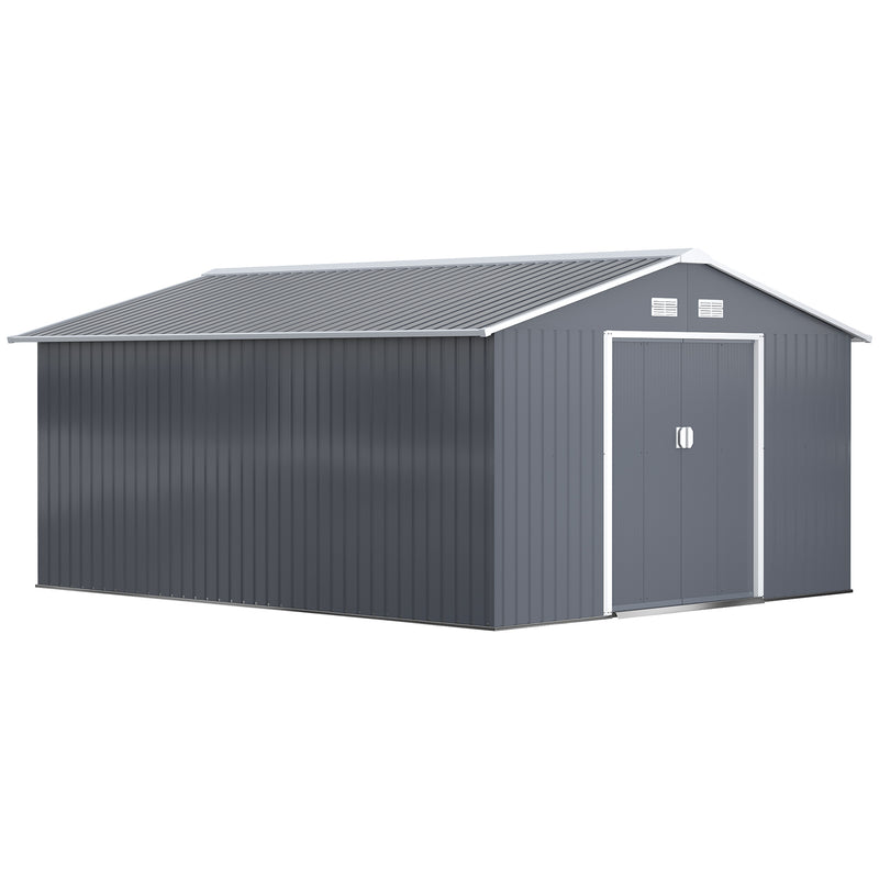 Outsunny 13 X 11ft Outdoor Garden Storage Shed w/2 Doors Galvanised Metal Grey