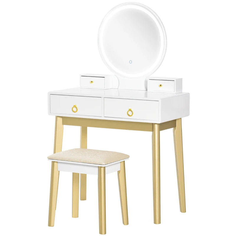 HOMCOM Dressing Table & Stool with Mirror and LED Lights - White