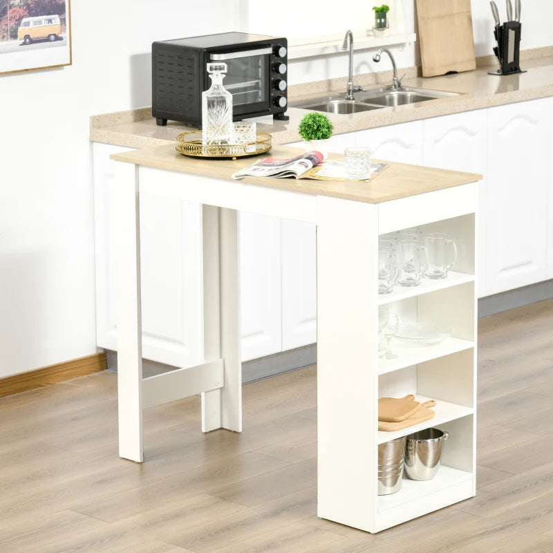 HOMCOM Kitchen Bar Table with Side Shelves - White & Oak