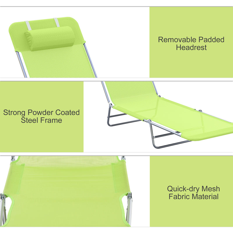 Outsunny Recliner Sun Lounger with Headrest Pillow -  Green