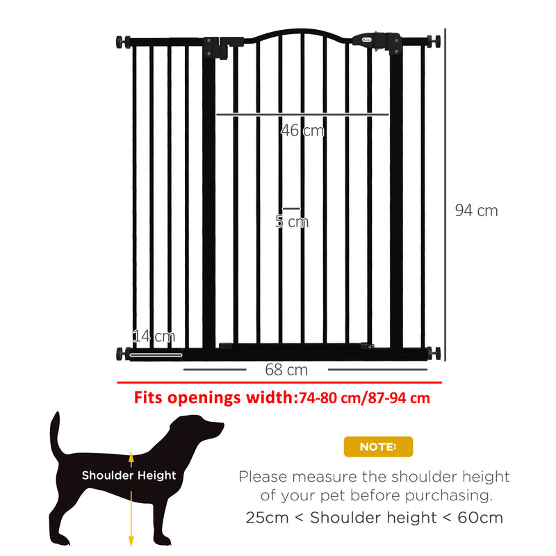 PawHut 74-94cm Adjustable Metal Pet Gate Safety Barrier w/ Auto-Close Door Black