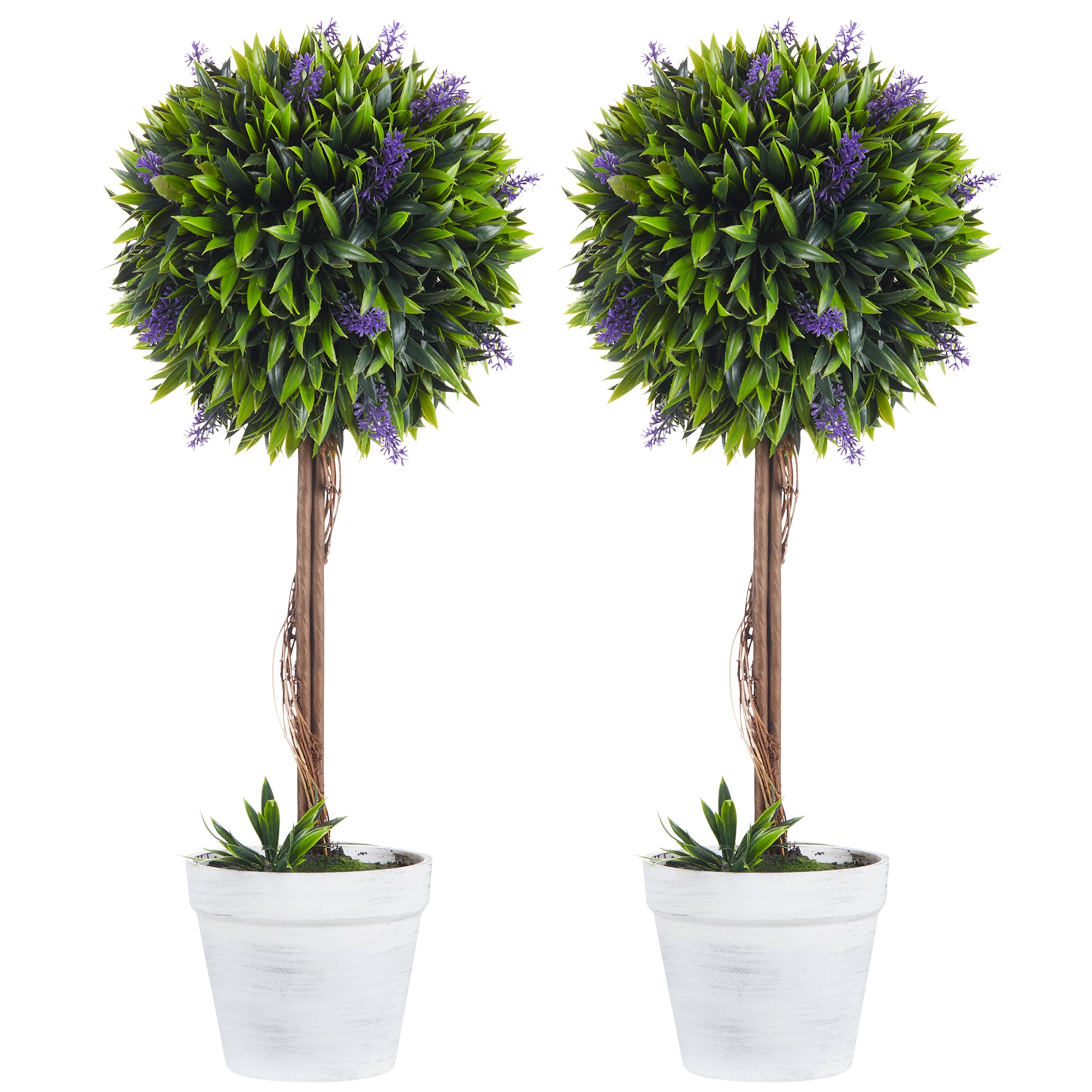 HOMCOM Set of 2 Potted Artificial Plants Ball Tree with Lavender Flowe