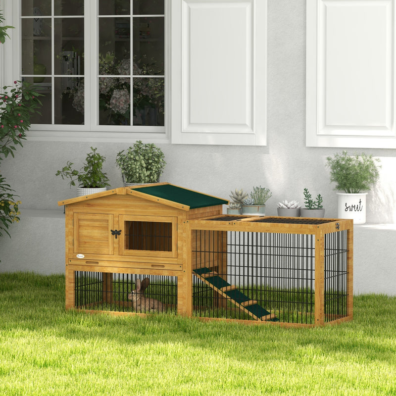 Pawhut Wooden Rabbit Hutch with Run, Asphalt Roof, Pull-Out Tray, Ramp, Yellow