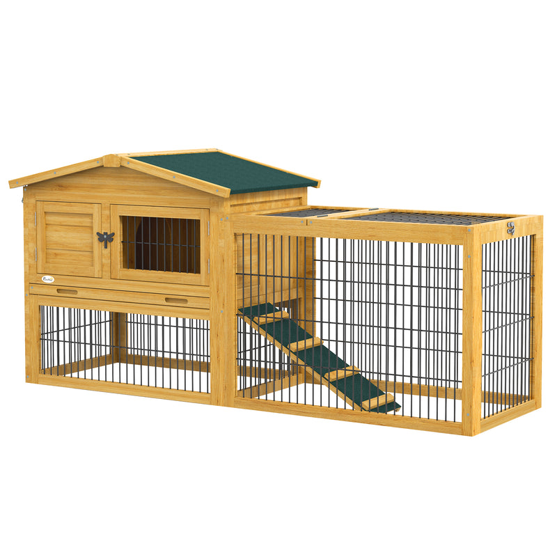 Pawhut Wooden Rabbit Hutch with Run, Asphalt Roof, Pull-Out Tray, Ramp, Yellow