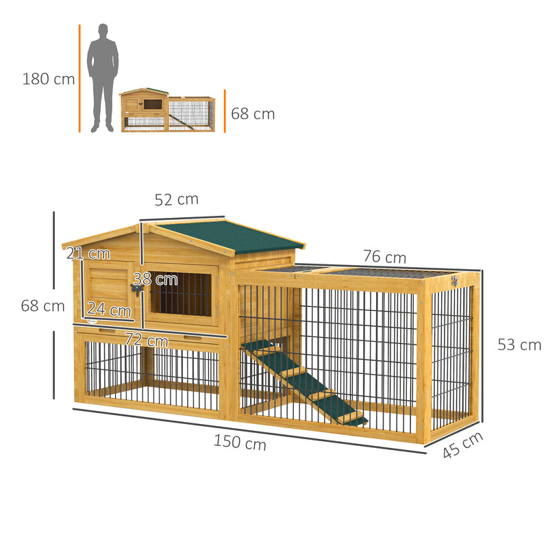 Pawhut Wooden Rabbit Hutch with Run, Asphalt Roof, Pull-Out Tray, Ramp, Yellow