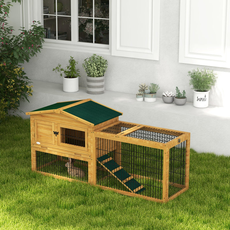 Pawhut Wooden Rabbit Hutch with Run, Asphalt Roof, Pull-Out Tray, Ramp, Yellow