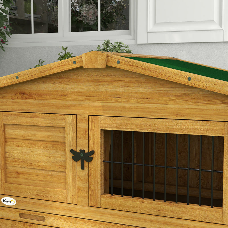 Pawhut Wooden Rabbit Hutch with Run, Asphalt Roof, Pull-Out Tray, Ramp, Yellow