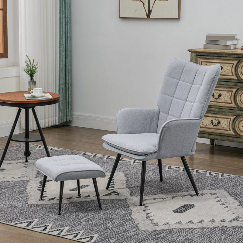 HOMCOM Living Room Chair with Footstool and Steel Legs, Light Grey