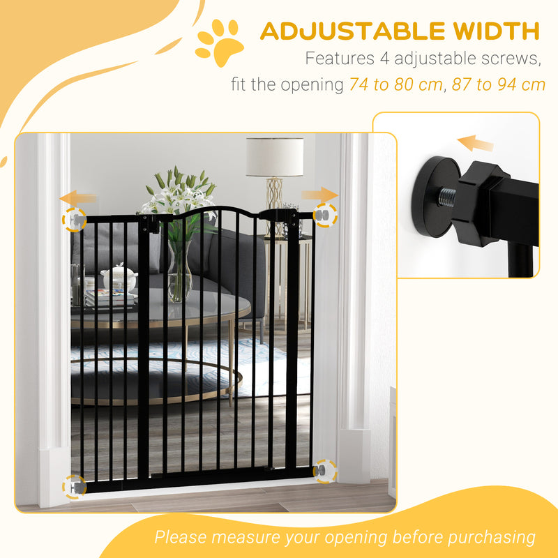 PawHut 74-94cm Adjustable Metal Pet Gate Safety Barrier w/ Auto-Close Door Black