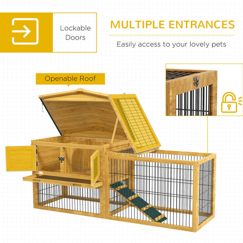 Pawhut Wooden Rabbit Hutch with Run, Asphalt Roof, Pull-Out Tray, Ramp, Yellow